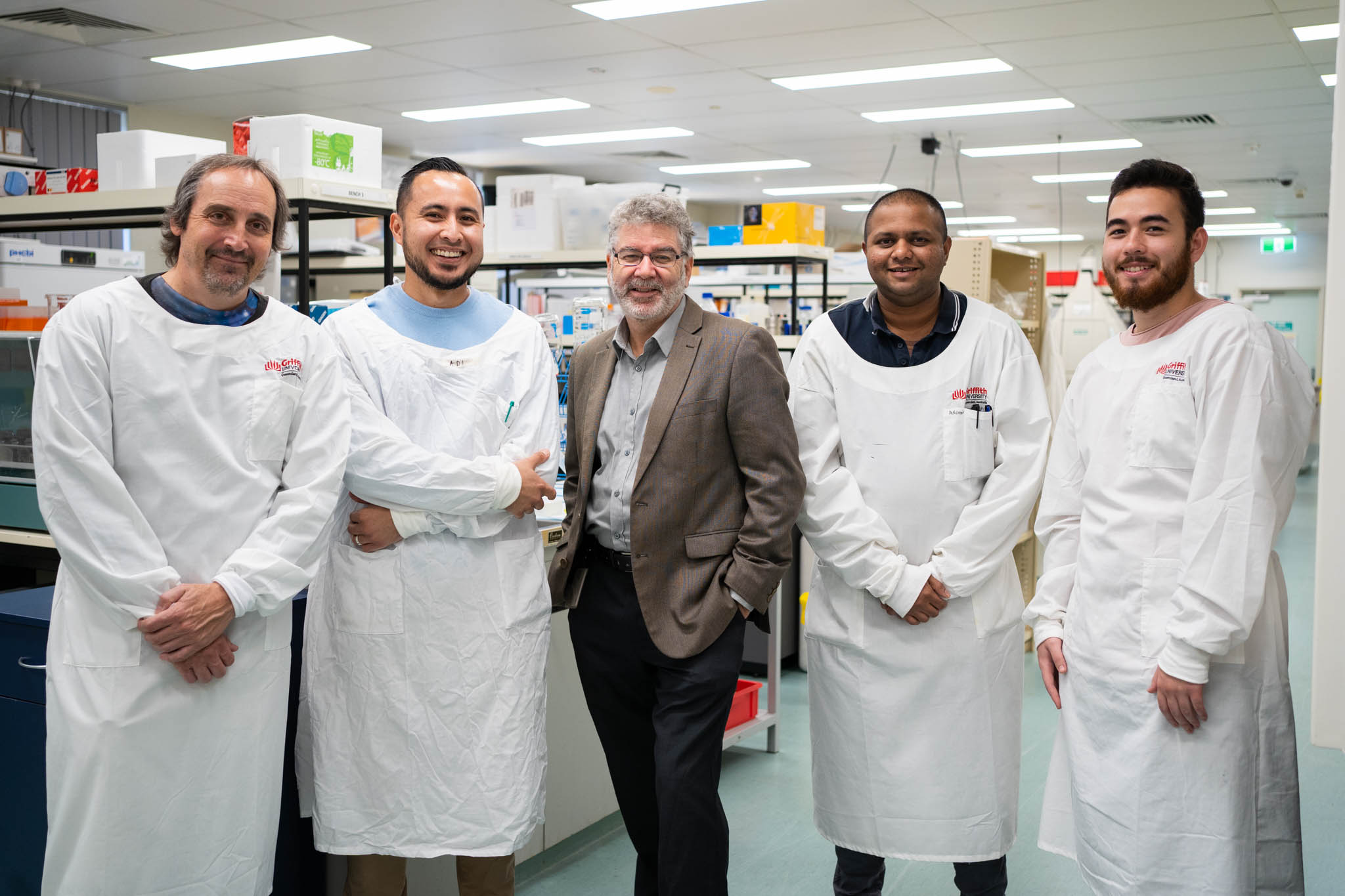 The Griffith University COVID-19 antiviral research team Professor Kevin Morris, Dr Adi Idris, Professor Nigel McMillan, Dr Arron Supramanin and Mr Yusif Idres. The COVID-19 antiviral research team Professor Kevin Morris, Dr Adi Idris, Professor Nigel McMillan, Dr Arron Supramanin and Mr Yusif Idres.